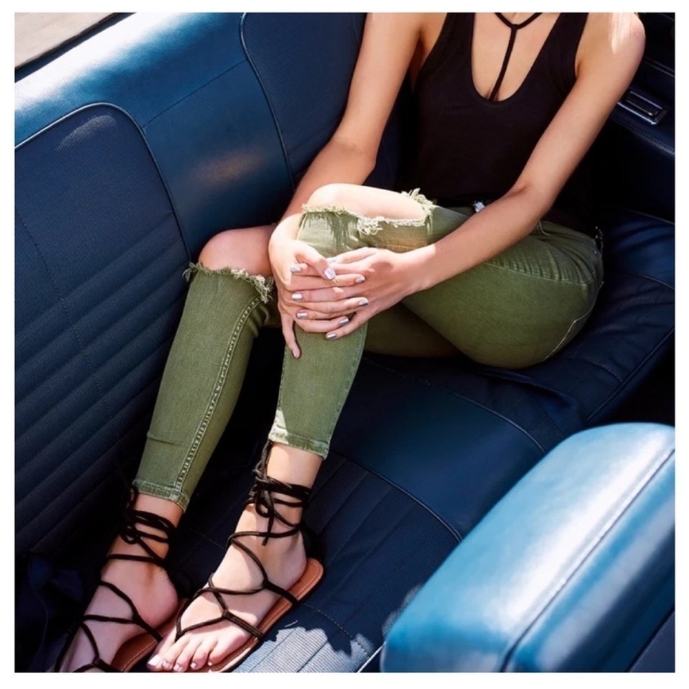 Free People High Rise Busted Olive Green Distressed Skinny Jeans - Picture 2 of 15